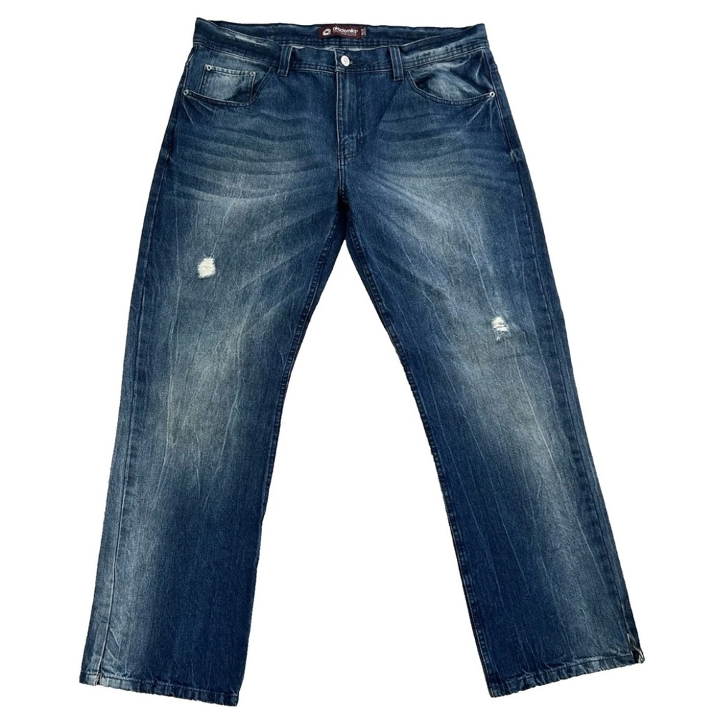 VTG Y2K AKADEMIKS Blue Jeans Mens Size 38x32 Relaxed Fit Leg Slits Straight Leg
